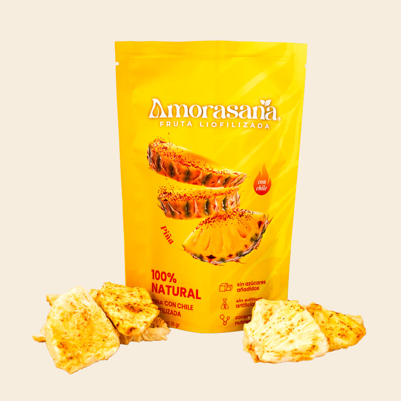 Bolsas snack fruta liofilizada sabor piña con chile.