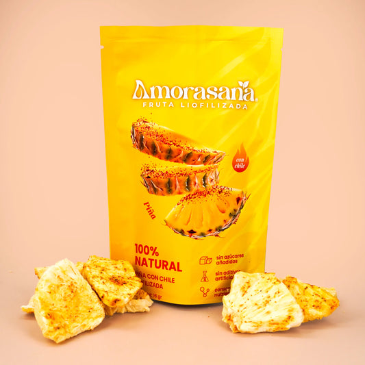 Bolsas snack fruta liofilizada sabor piña con chile.