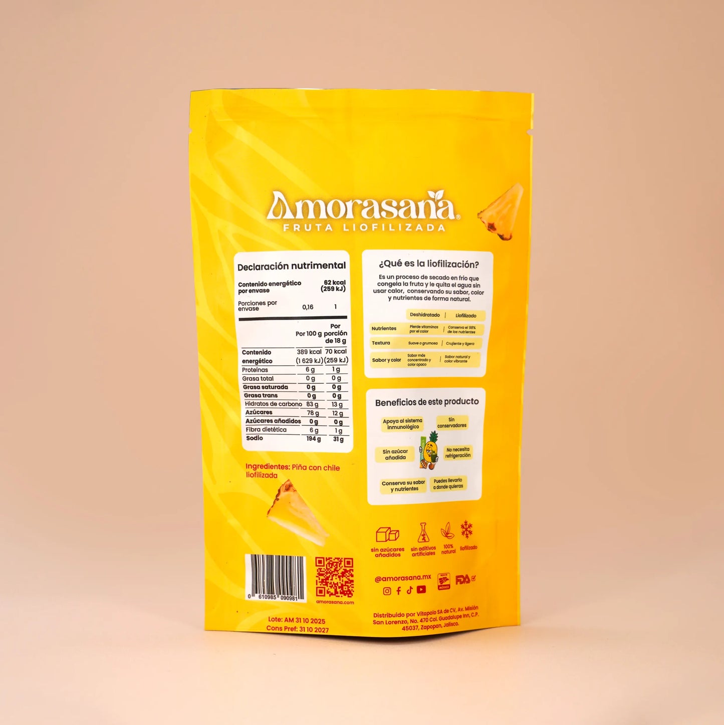 Bolsas snack fruta liofilizada sabor piña con chile.